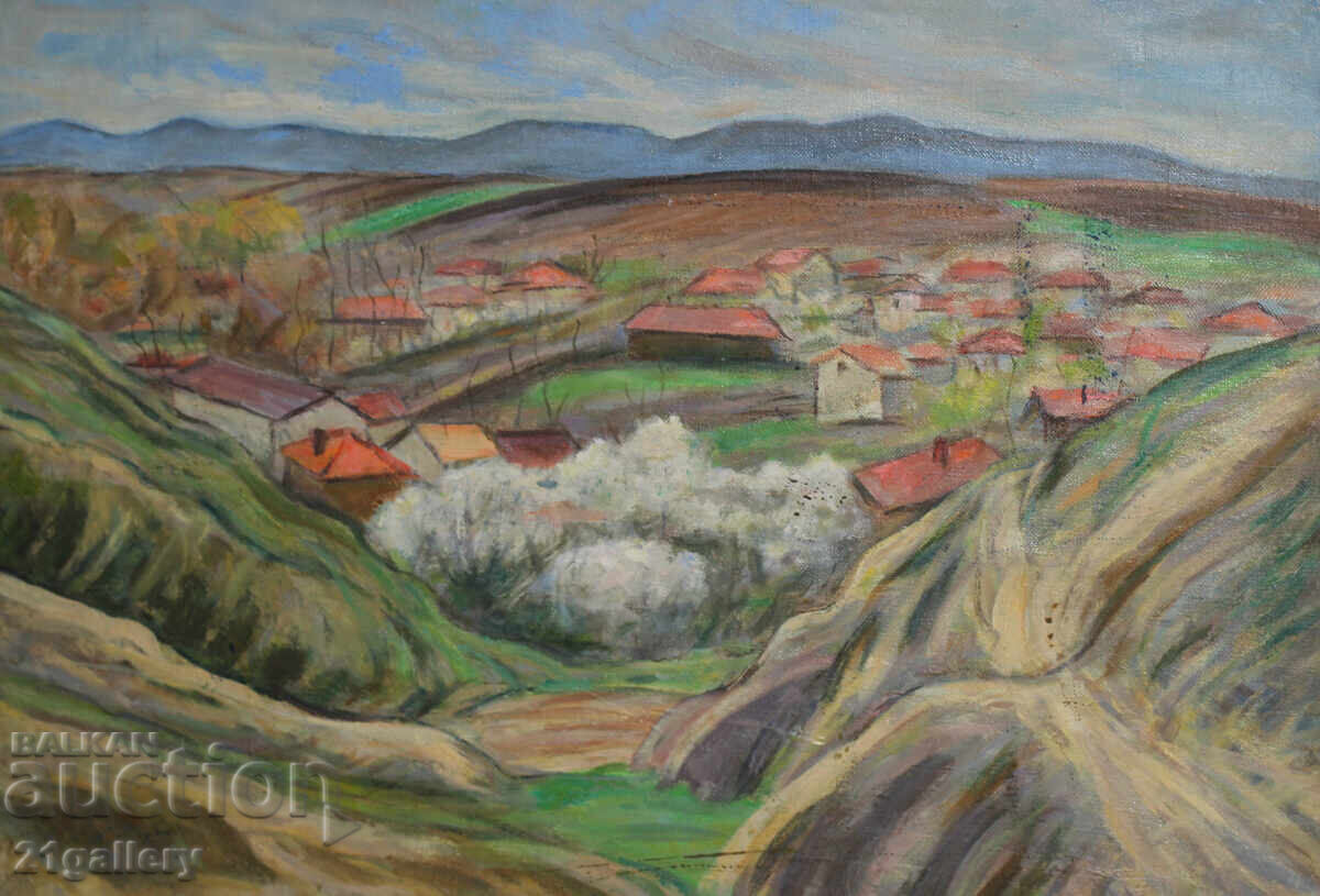 Παράδοση Αγροτικό τοπίο με σπίτια, παλιά ελαιογραφία Παράδοση Αγροτικό τοπίο με σπίτια, παλιά ελαιογραφία