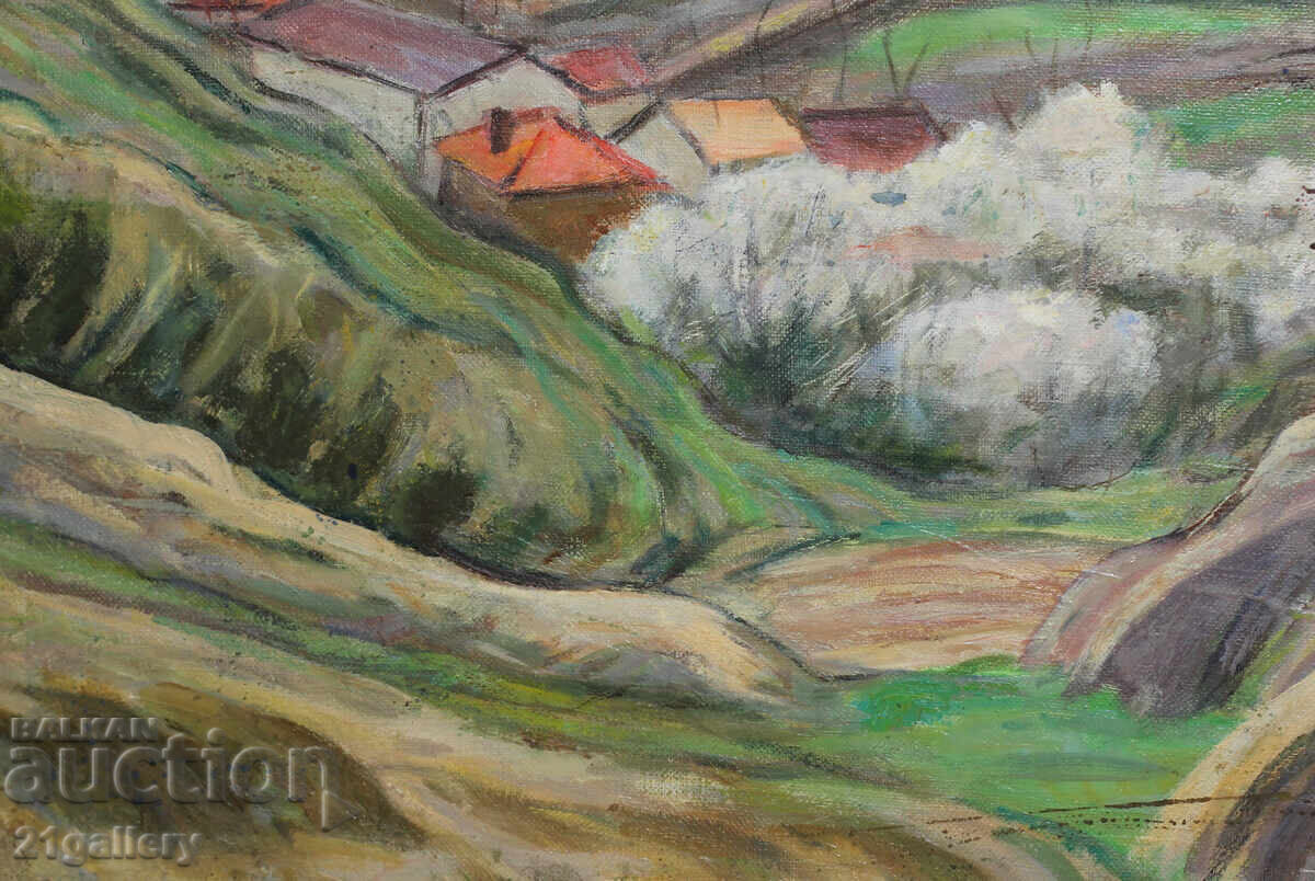 Αγροτικό τοπίο με σπίτια, παλιά ελαιογραφία - 5 Αγροτικό τοπίο με σπίτια, παλιά ελαιογραφία - 5