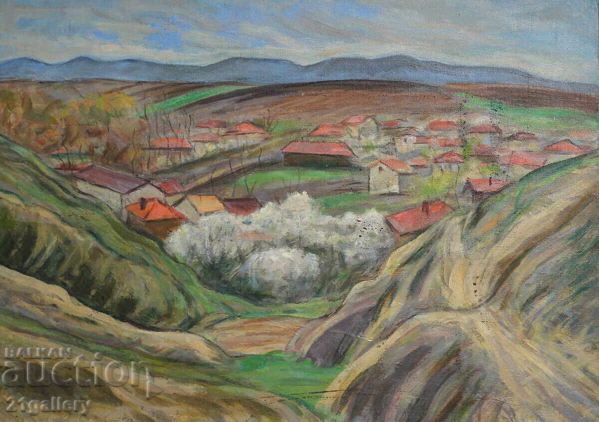 Αγροτικό τοπίο με σπίτια, παλιά ελαιογραφία Αγροτικό τοπίο με σπίτια, παλιά ελαιογραφία