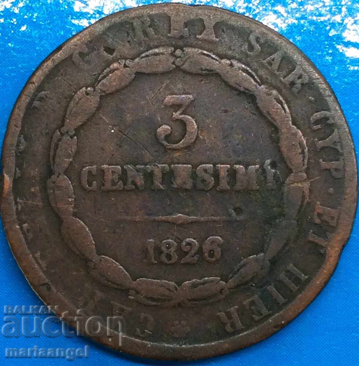 Sardinia 3 centesimi 1826 Italia Carlo Felice 5,49g