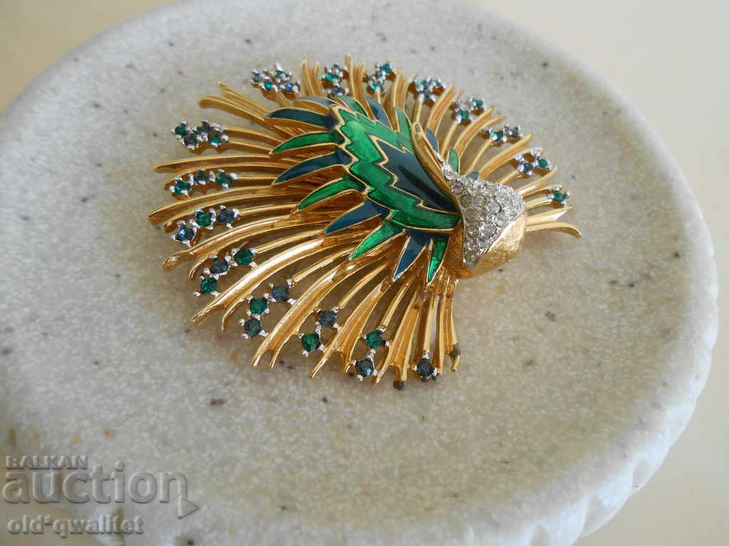 BROOCH: enamel, pebbles, Peacock, large, very beautiful