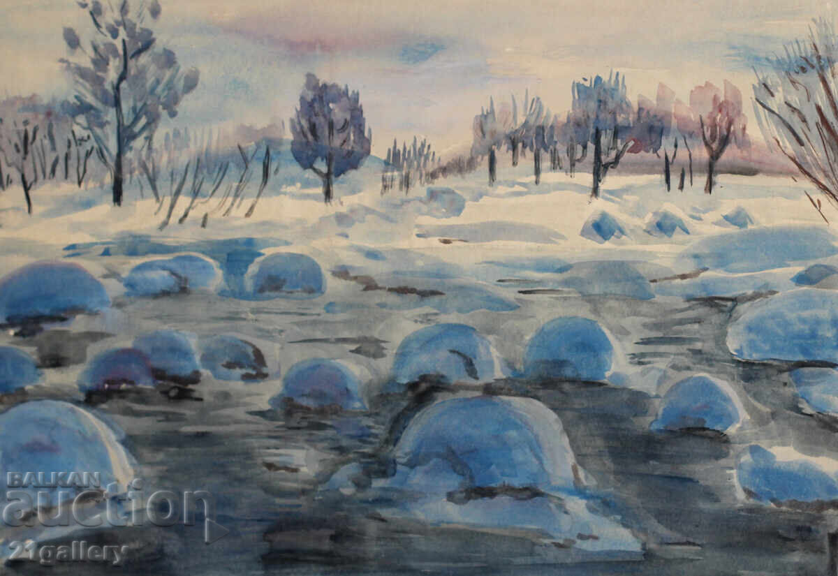 Χειμερινό τοπίο, ακουαρέλα, υπογεγραμμένο με τιμή 150.00 BGN | € 76.69