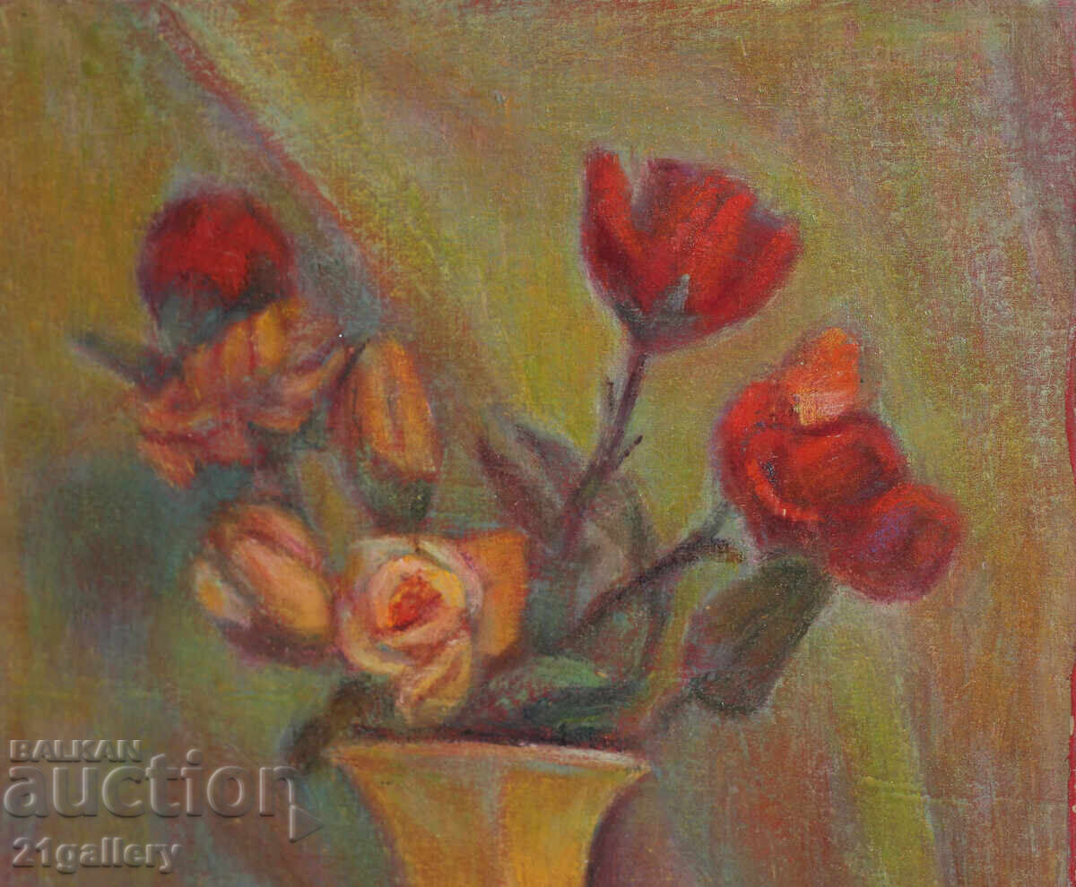 Παράδοση Ελκα Ναϊντένοβα (1932 – 2016) Νεκρή φύση με βάζο και λουλούδια, λάδι Παράδοση Ελκα Ναϊντένοβα (1932 – 2016) Νεκρή φύση με βάζο και λουλούδια, λάδι