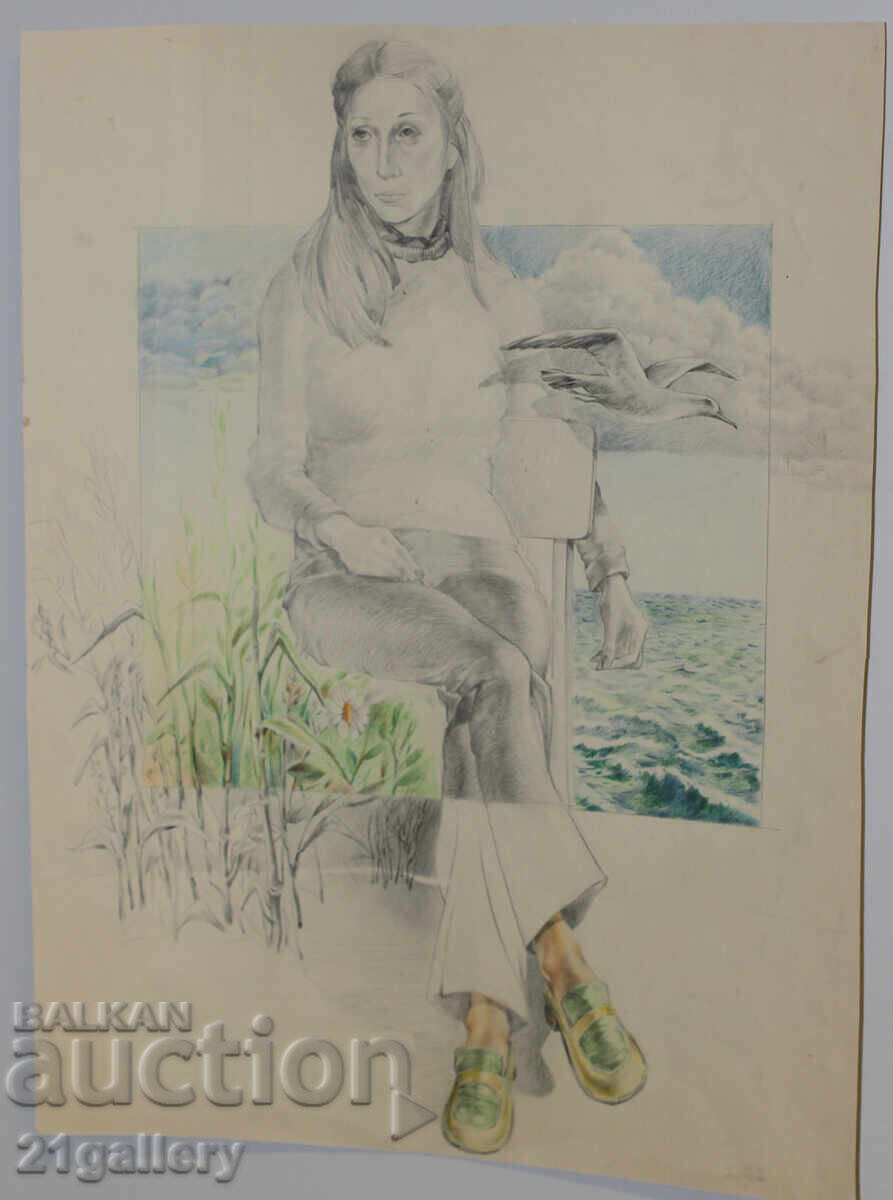 Auction Female portrait drawing signed 1983. Auction Female portrait drawing signed 1983.