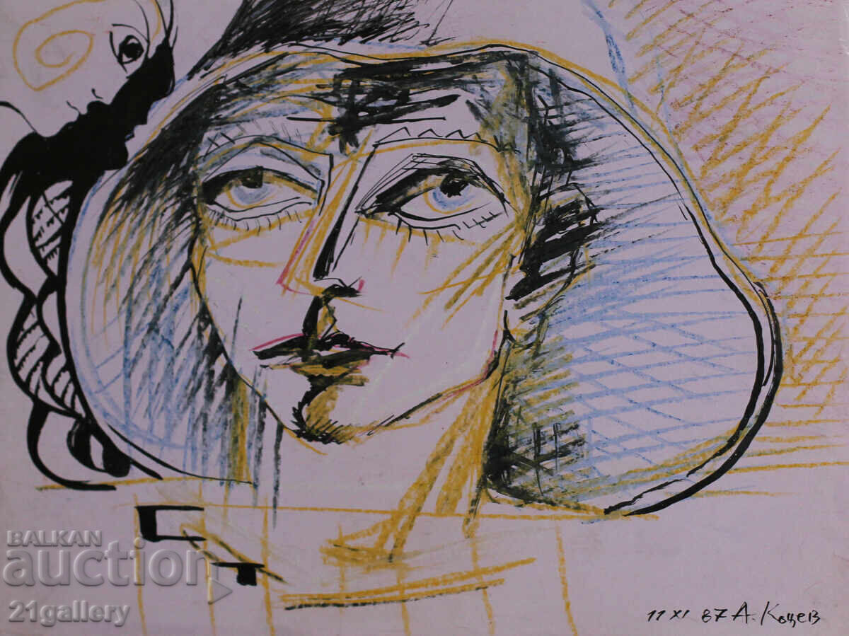 Atanas Kotsev (1957-) Portrait of a Woman with a Hat 1987 with price 130.00 BGN | € 66.47 Atanas Kotsev (1957-) Portrait of a Woman with a Hat 1987 with price 130.00 BGN | € 66.47