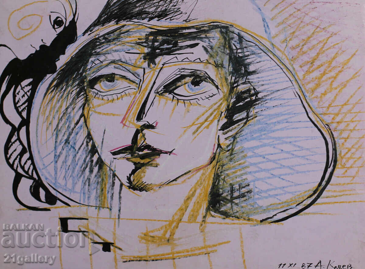 Atanas Kotsev (1957-) Portrait of a Woman with a Hat 1987 Atanas Kotsev (1957-) Portrait of a Woman with a Hat 1987