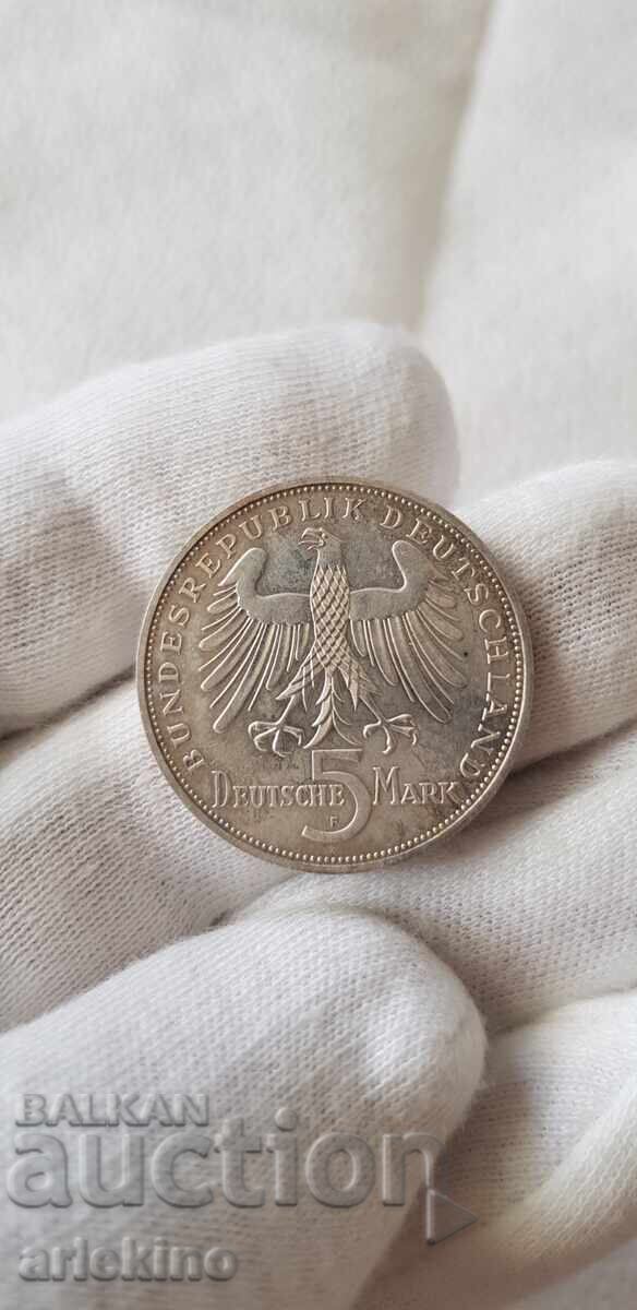 Monedă rară de argint 5 mărci 1955 SCHILLER - Germania cu preț € 115.00 | 224.92 BGN