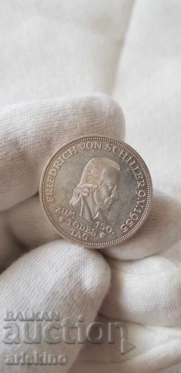 Monedă rară de argint 5 mărci 1955 SCHILLER - Germania - 5