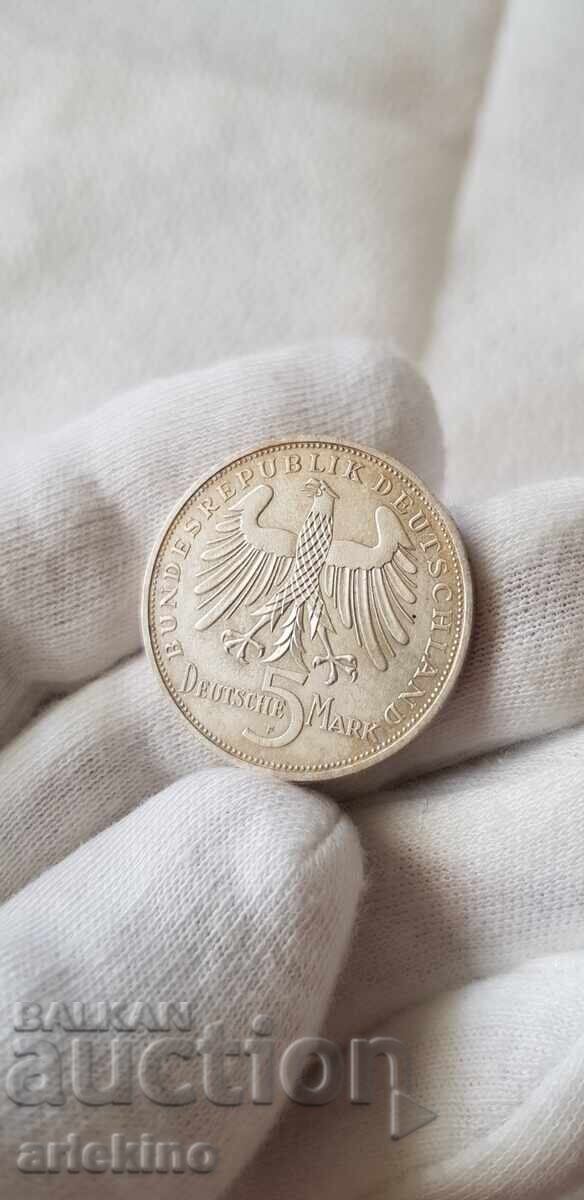 Monedă rară de argint 5 mărci 1955 SCHILLER - Germania - 6