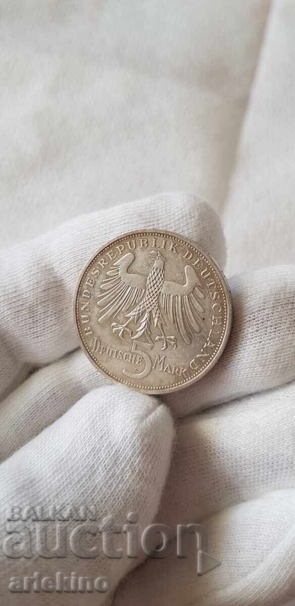 Monedă rară de argint 5 mărci 1955 SCHILLER - Germania - 7