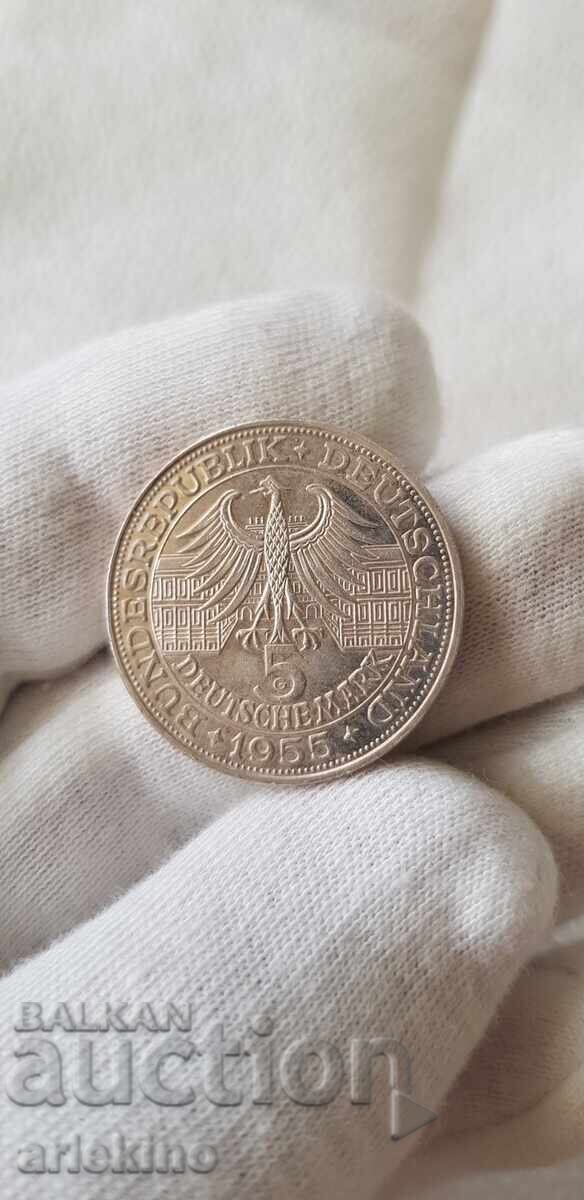 Very rare silver coin 5 marks 1955 G Germany - 5 Very rare silver coin 5 marks 1955 G Germany - 5