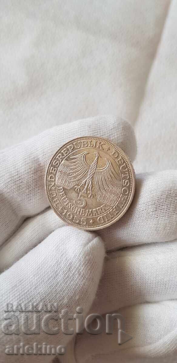 Very rare silver coin 5 marks 1955 G Germany - 6 Very rare silver coin 5 marks 1955 G Germany - 6