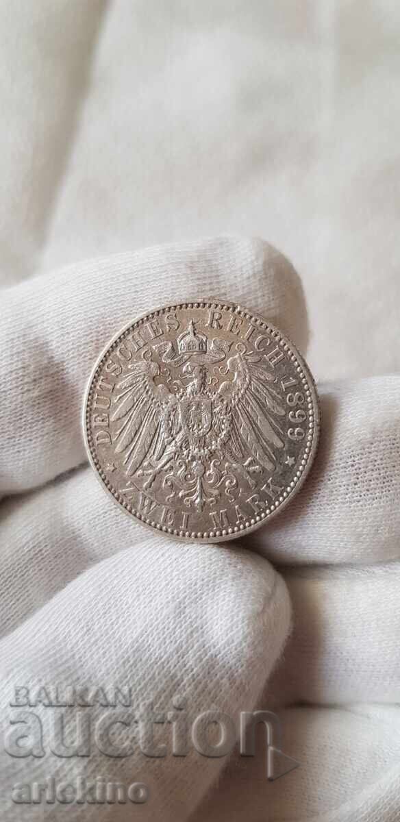 Rare silver coin 2 marks 1899 PREUSSIN Germany