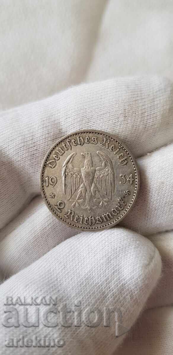 Rare silver coin 2 Reichsmark 1934 with price 70.00 BGN | € 35.79 Rare silver coin 2 Reichsmark 1934 with price 70.00 BGN | € 35.79