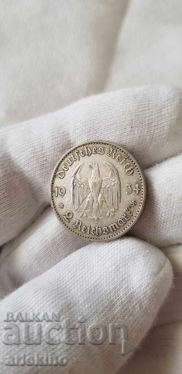 Rare silver coin 2 Reichsmark 1934 - 5 Rare silver coin 2 Reichsmark 1934 - 5
