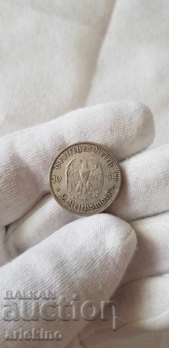 Rare silver coin 2 Reichsmark 1934 - 6 Rare silver coin 2 Reichsmark 1934 - 6