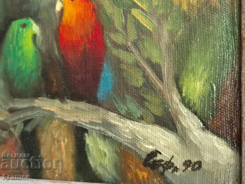 Delivery of Suli Seferov Two Parrots 1990 early oil painting Delivery of Suli Seferov Two Parrots 1990 early oil painting