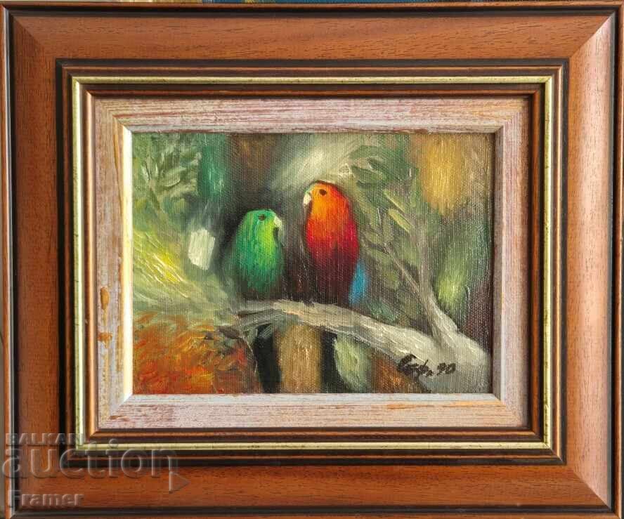 Suli Seferov Two Parrots 1990 early oil painting