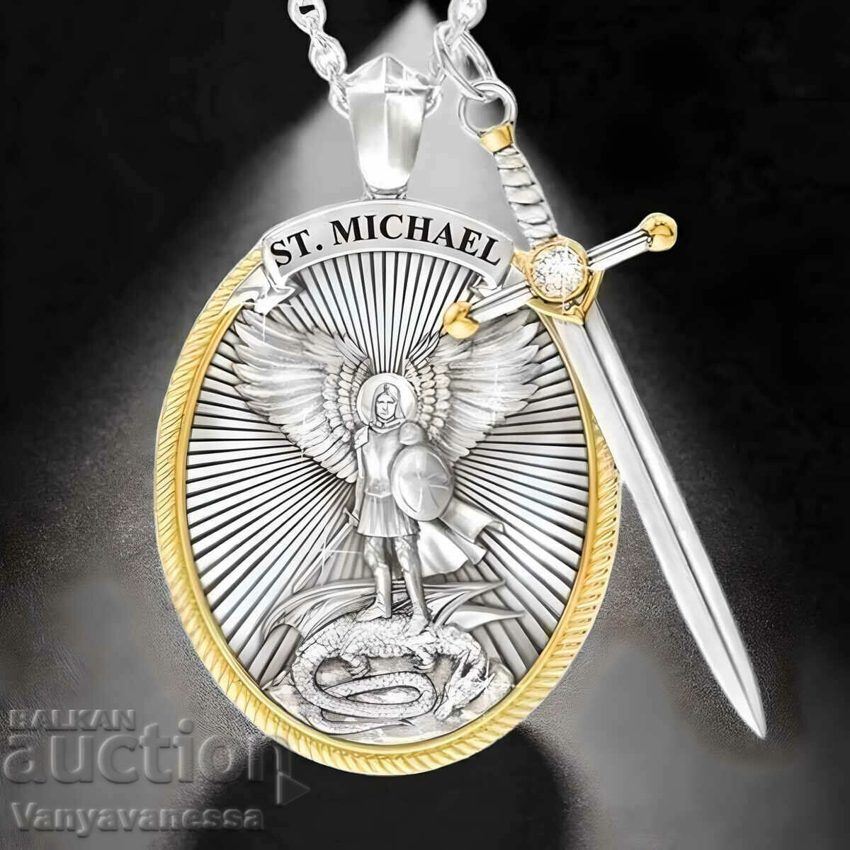 552 Archangel Michael with sword necklace in silver men's jewelry