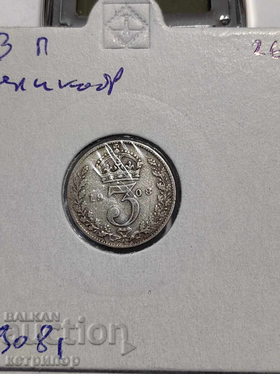 3 pence 1908 Great Britain silver