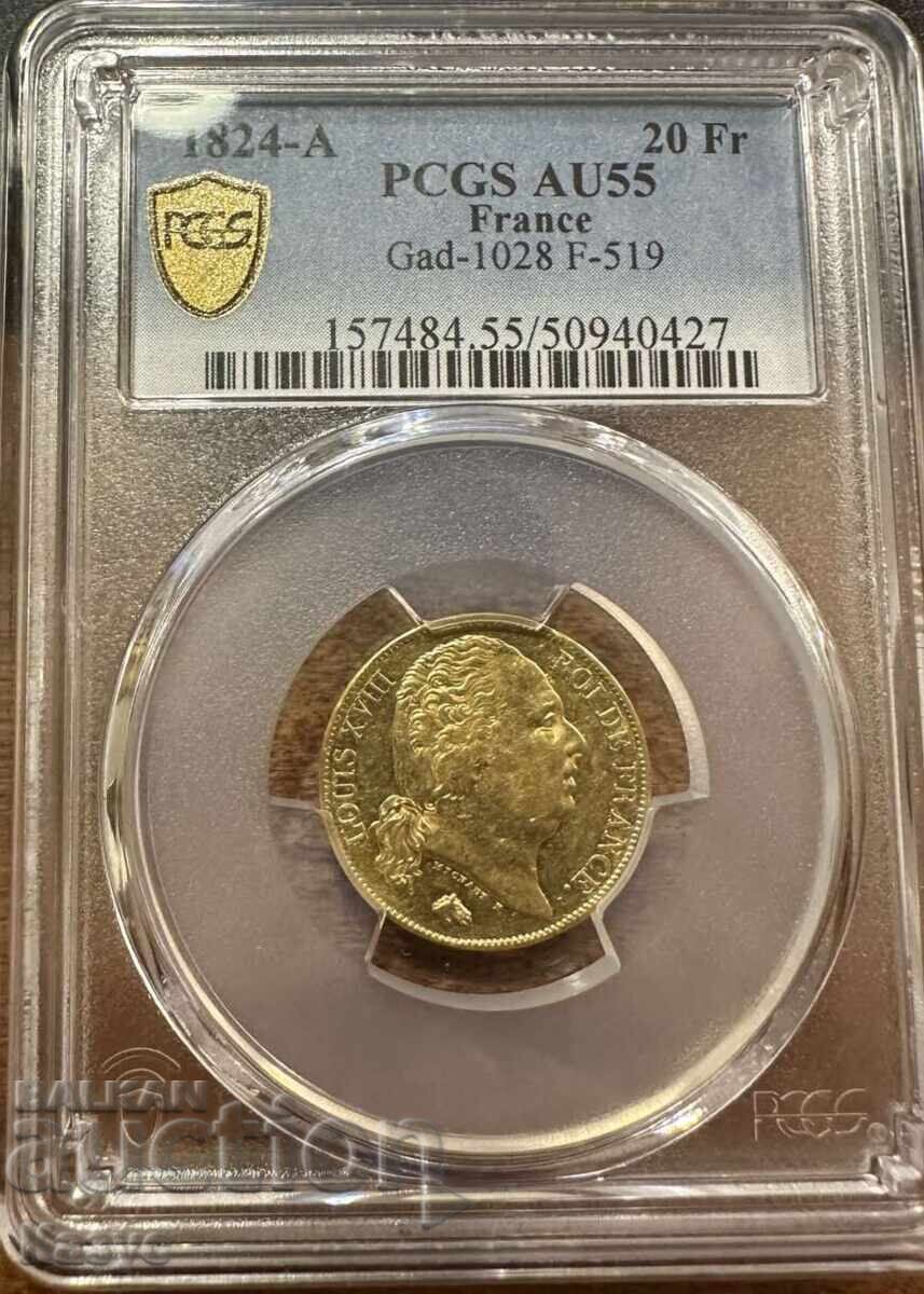 Moneda de aur 20 franci 1824-A