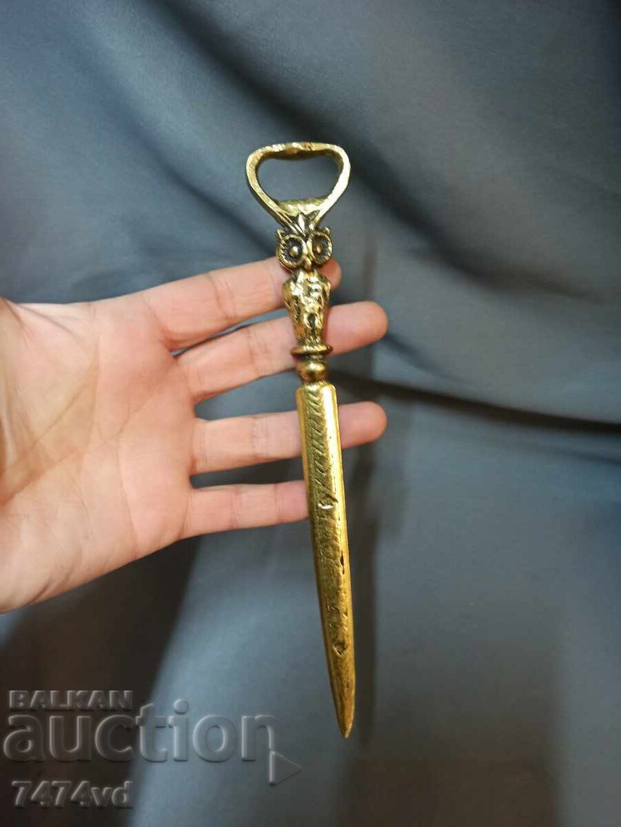 RARE BRONZE BOTTLE OPENER AND LETTER KNIFE WITH OWL RARE BRONZE BOTTLE OPENER AND LETTER KNIFE WITH OWL