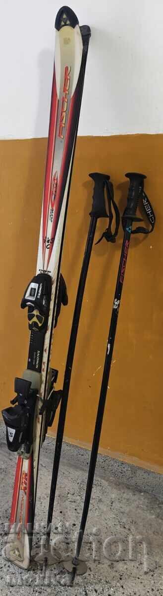 Skis Fischer 160 cm. + Salomon automatic skis + poles - 7 Skis Fischer 160 cm. + Salomon automatic skis + poles - 7