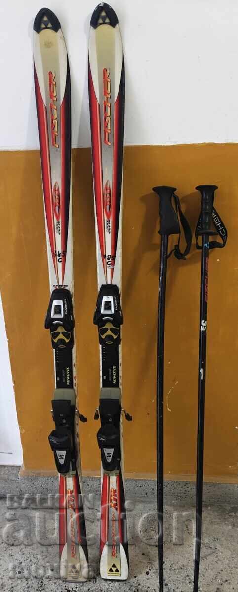 Skis Fischer 160 cm. + Salomon automatic skis + poles Skis Fischer 160 cm. + Salomon automatic skis + poles