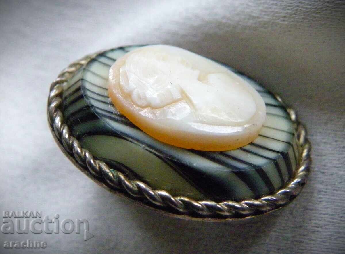 Auction Cameo brooch, onyx, silver, glass Bohemia, Czechoslovakia, 1930s Auction Cameo brooch, onyx, silver, glass Bohemia, Czechoslovakia, 1930s