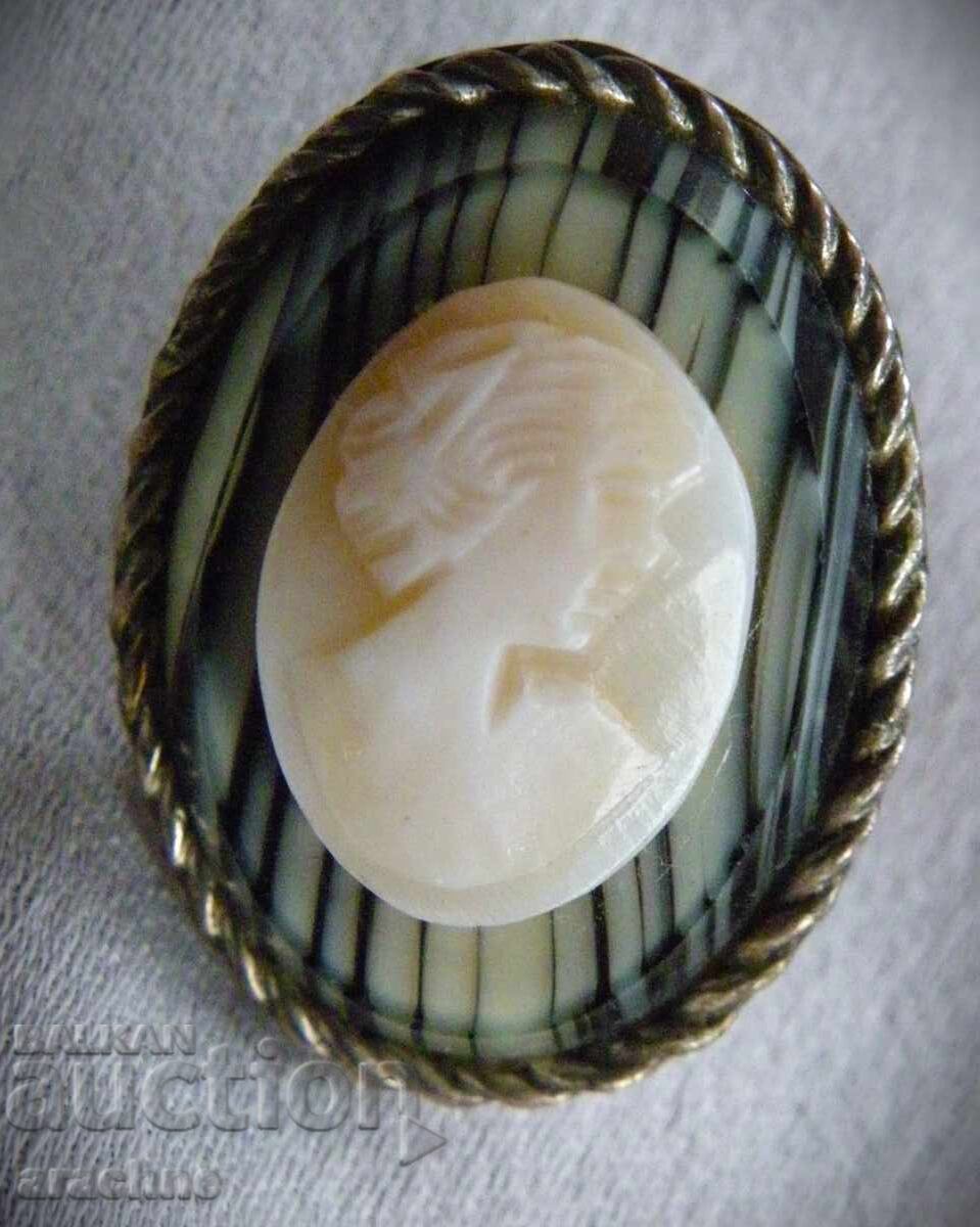 Broșă Cameo, onix, argint, sticlă Boemia, Cehoslovacia, anii 1930