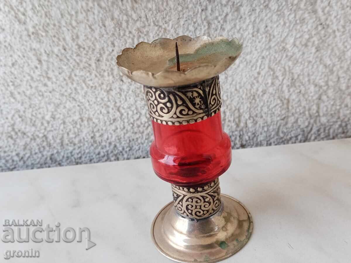 Стъкло и метал,свещник,посребрен Мароко,Ррр, - 7
