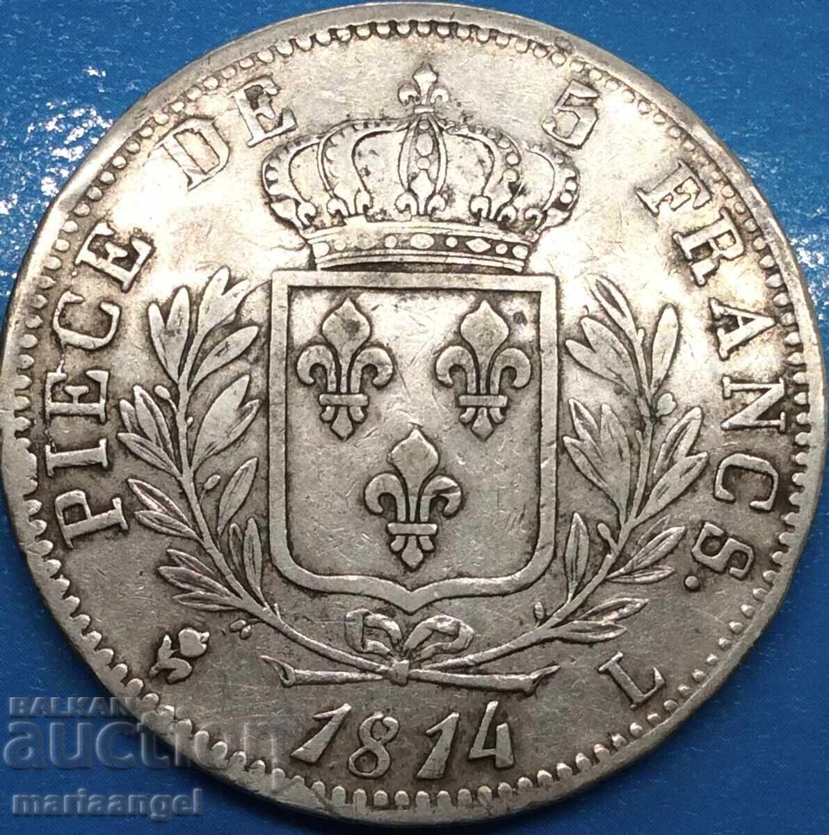 5 Φράγκα 1814 Γαλλία Louis XVIII Ασημένιο - ΣΠΑΝΙΟ