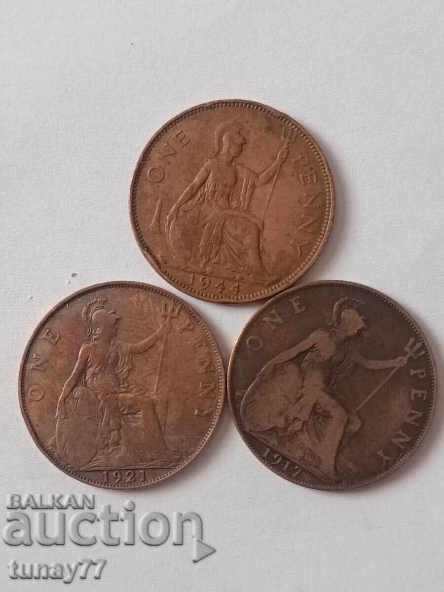 Lot of copper coins 3 pcs England One Penny