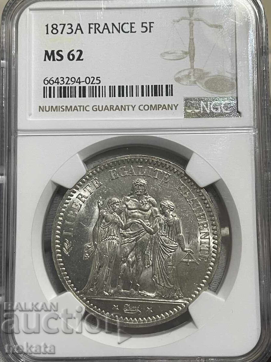 5 франка 1873А Франция. MS62 NGC