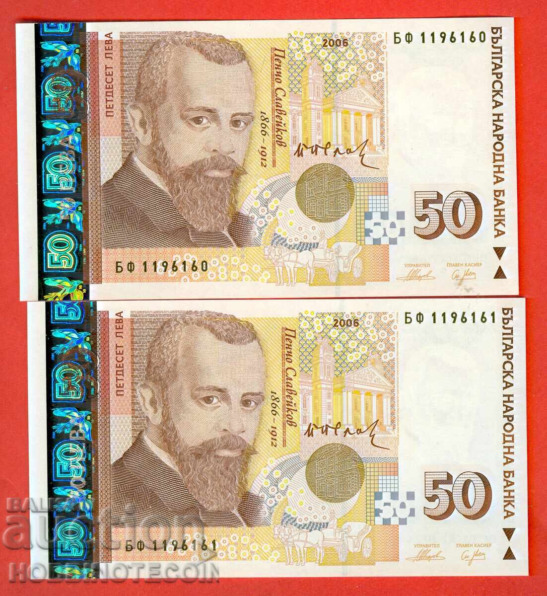 БЪЛГАРИЯ BULGARIA 2 х 50 Лв ЧИФТ Бф 1196160 61 2006 НОВА UNC