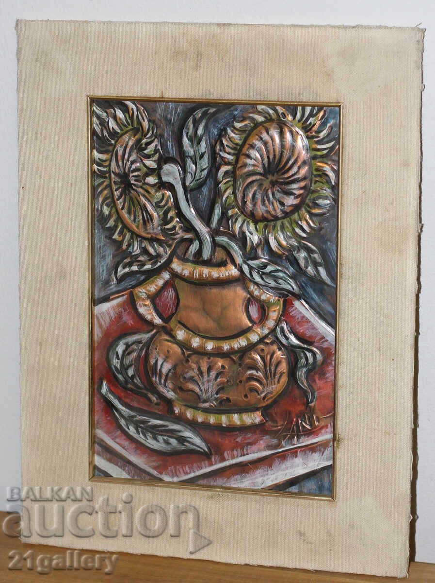 Auction Still life/vase with flowers, painted copper Auction Still life/vase with flowers, painted copper