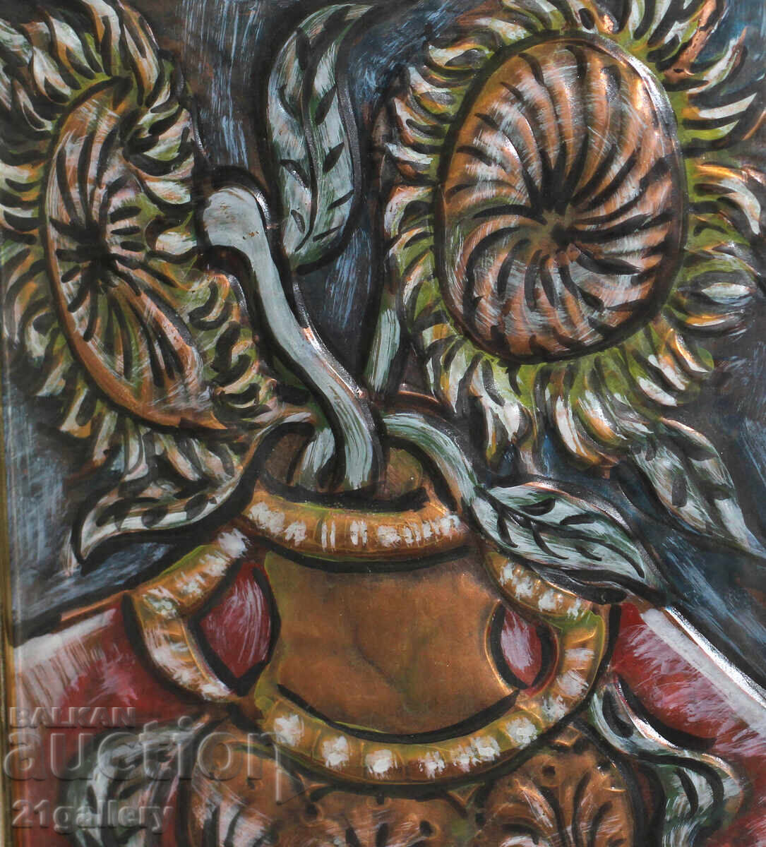 Delivery of Still life/vase with flowers, painted copper Delivery of Still life/vase with flowers, painted copper