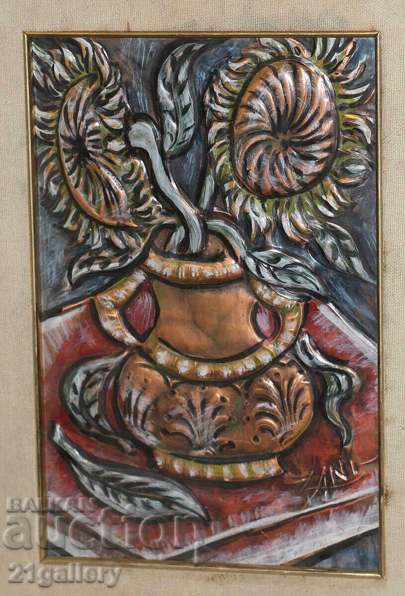 Still life/vase with flowers, painted copper Still life/vase with flowers, painted copper