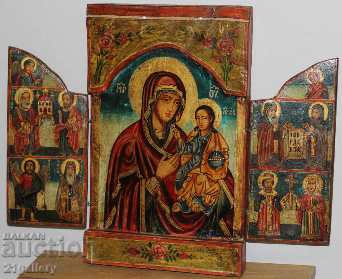 Auction Hand-painted icon triptych Holy Virgin and Child Auction Hand-painted icon triptych Holy Virgin and Child