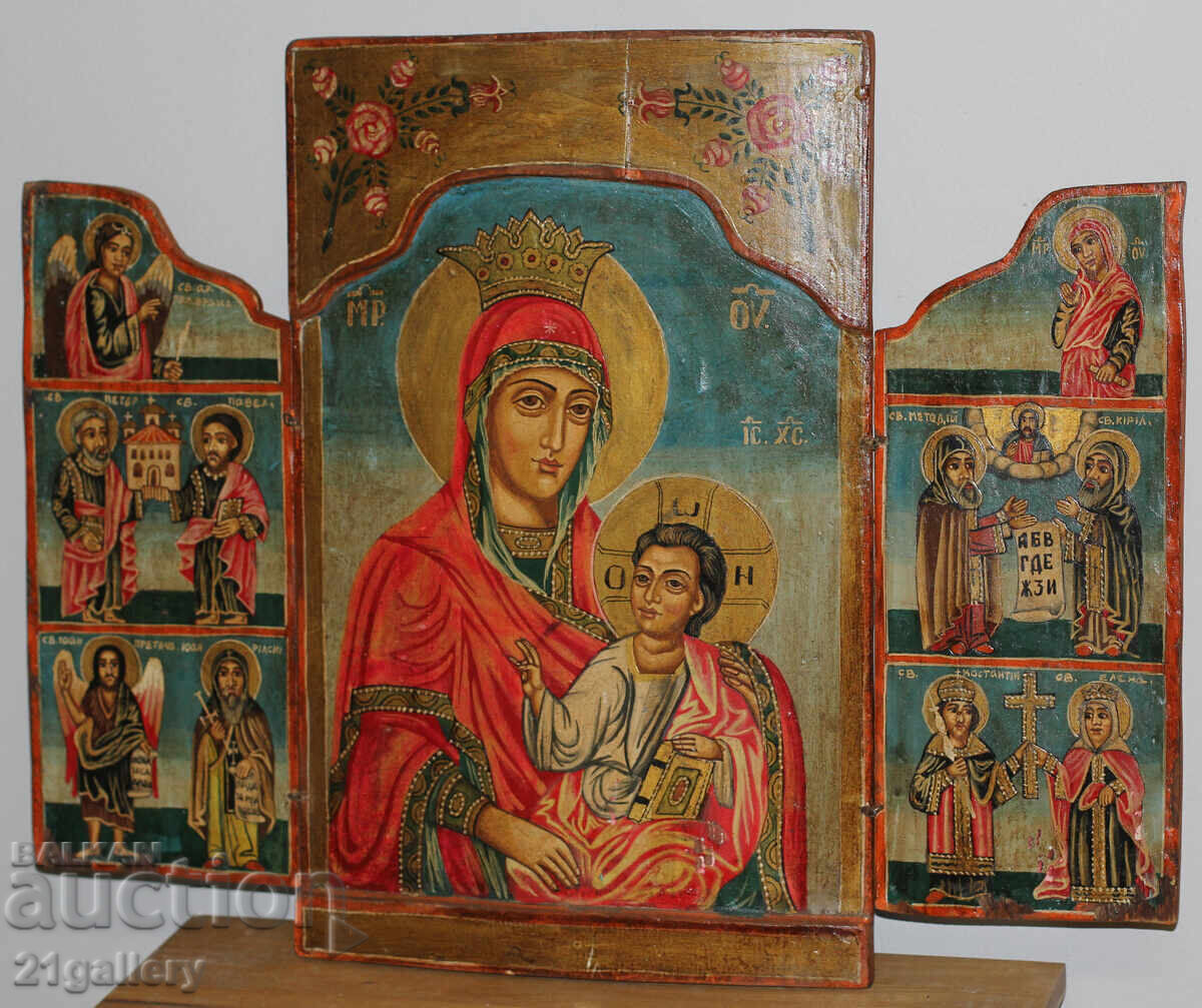 Auction Hand-painted icon triptych Holy Virgin and Child Auction Hand-painted icon triptych Holy Virgin and Child