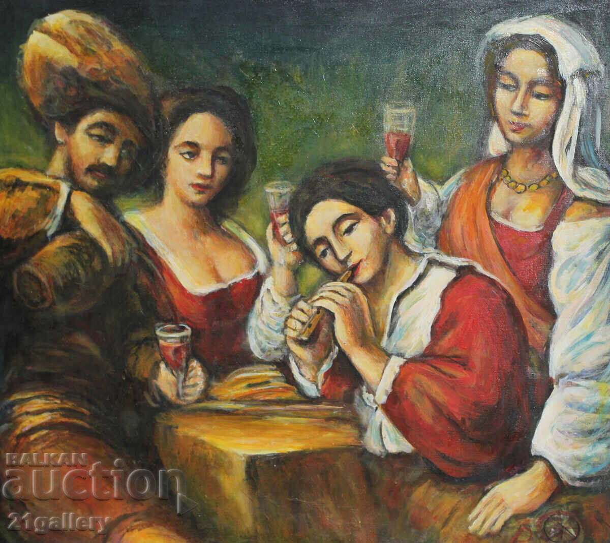 Contemporary oil painting, figural composition signed with price 400.00 BGN | € 204.52