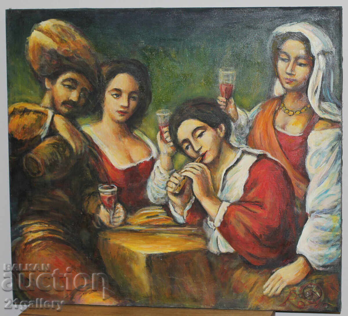 Auction  Contemporary oil painting, figural composition signed