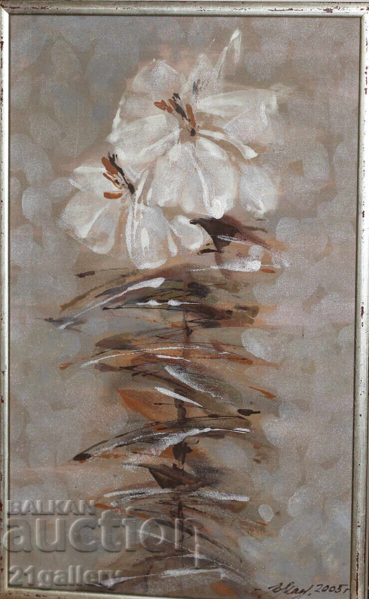 Painted silk, still life, signed 2005. Painted silk, still life, signed 2005.