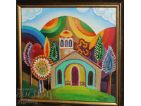 Naive composition, oil paints, church landscape