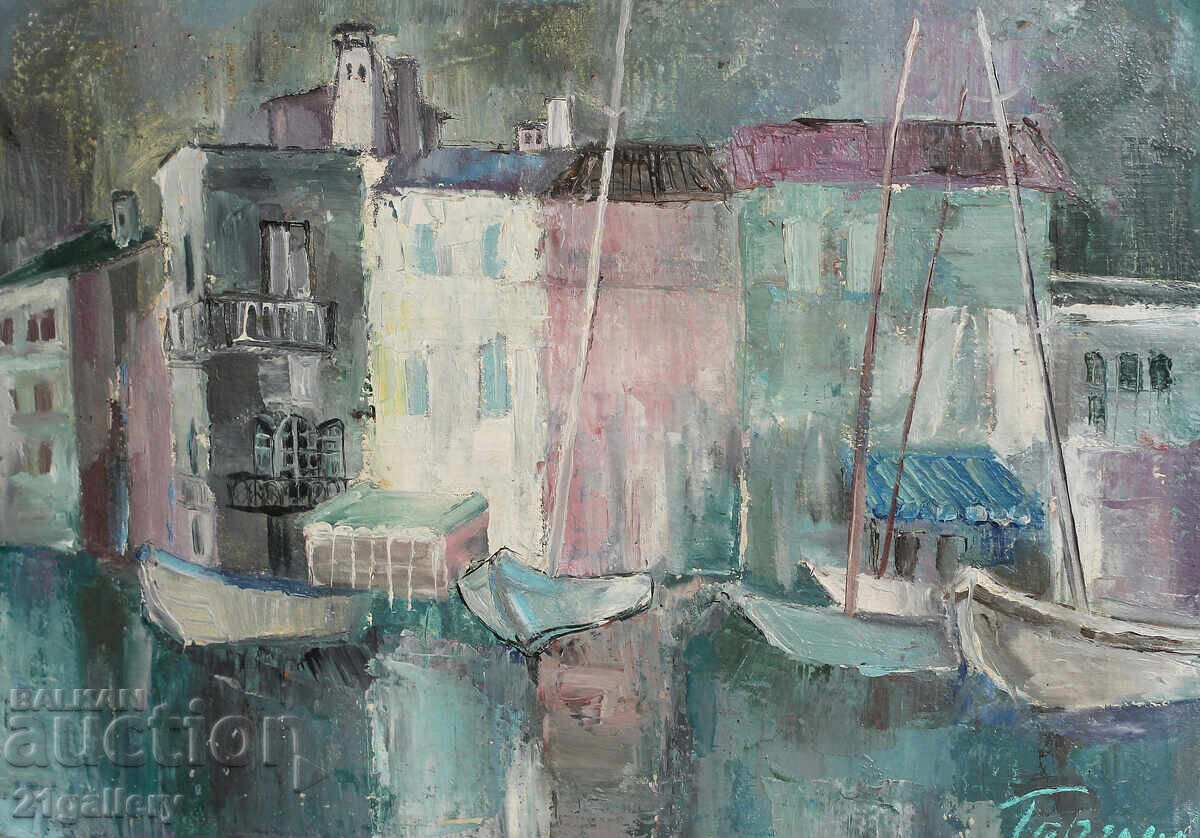 Auction Contemporary oil painting Port, signed 1991. Auction Contemporary oil painting Port, signed 1991.