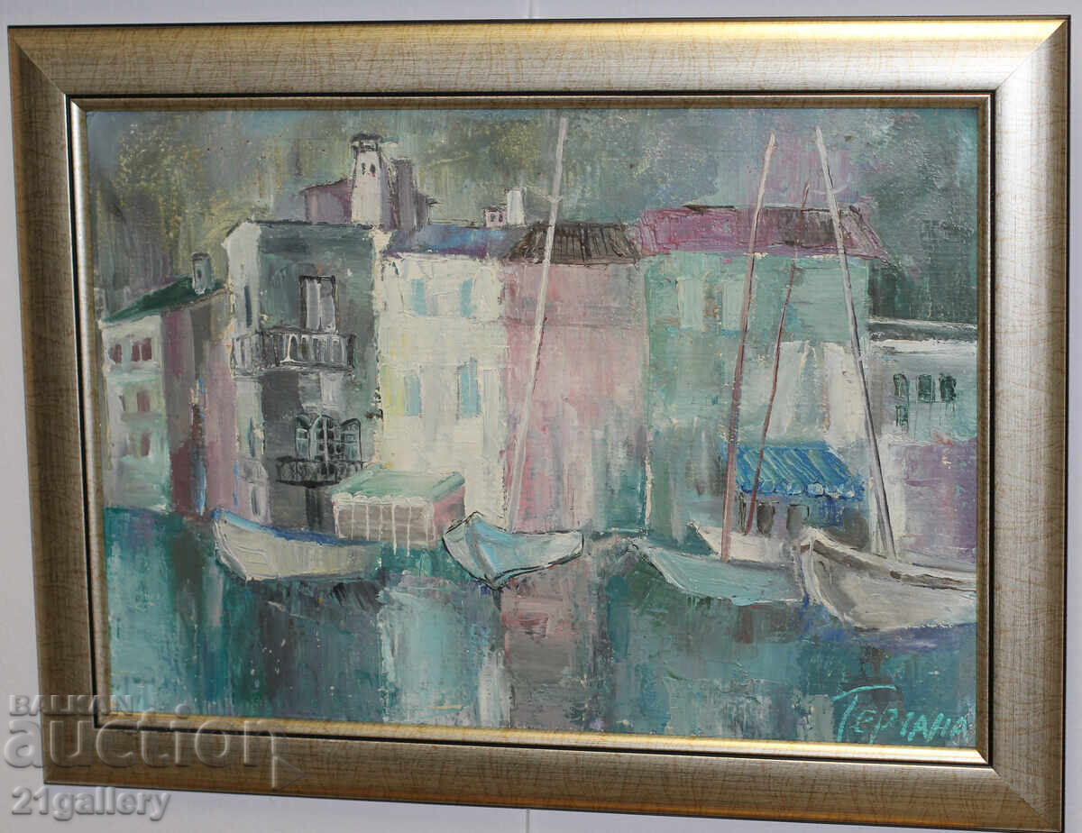 Delivery of Contemporary oil painting Port, signed 1991. Delivery of Contemporary oil painting Port, signed 1991.