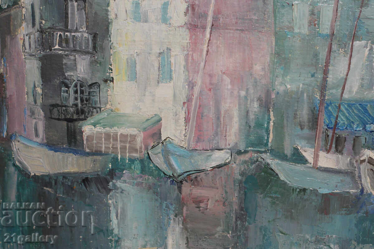 Contemporary oil painting Port, signed 1991. - 5 Contemporary oil painting Port, signed 1991. - 5