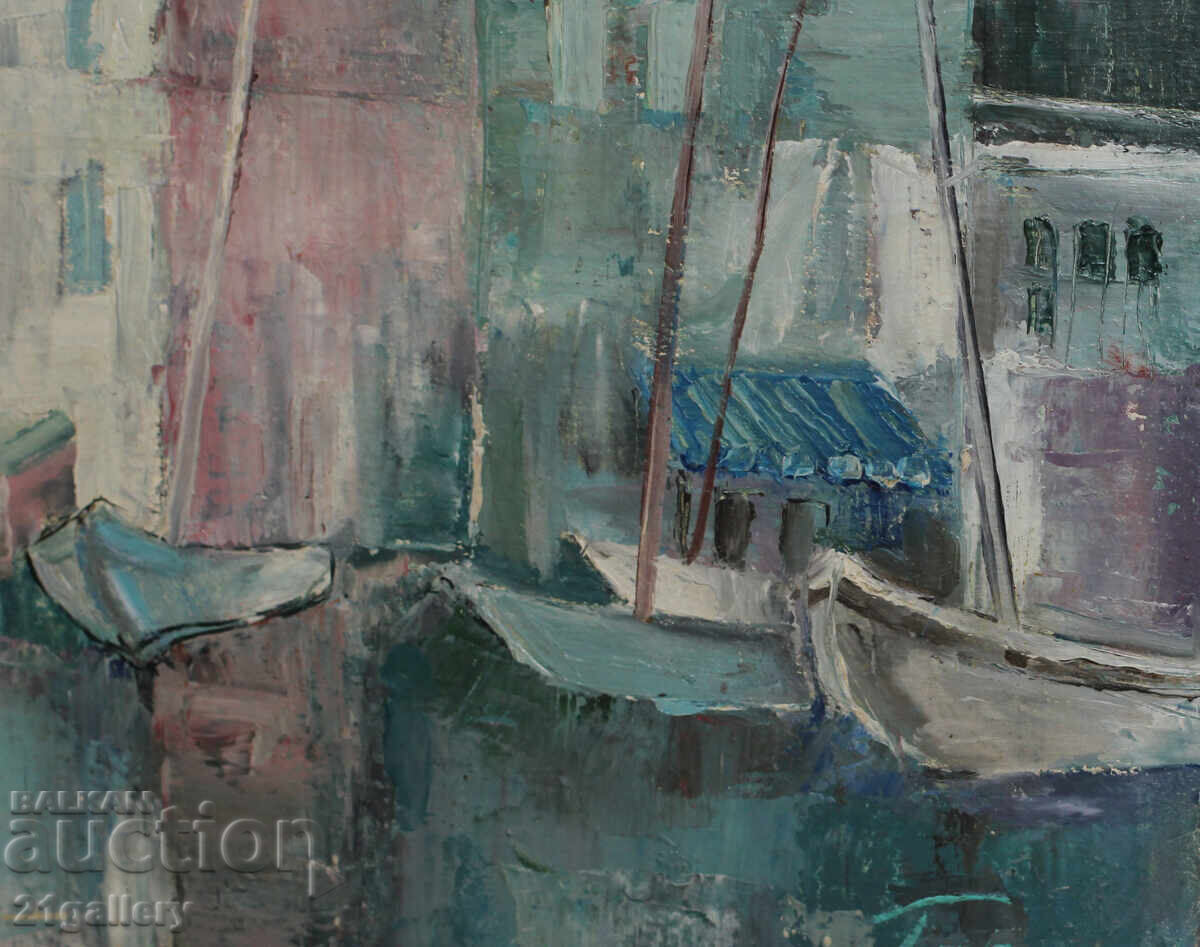 Contemporary oil painting Port, signed 1991. - 6 Contemporary oil painting Port, signed 1991. - 6