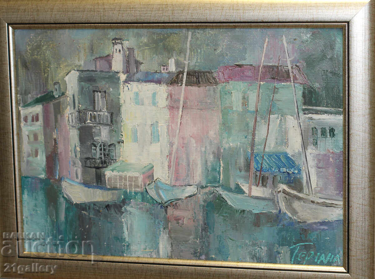 Contemporary oil painting Port, signed 1991. Contemporary oil painting Port, signed 1991.