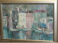 Contemporary oil painting Port, signed 1991.